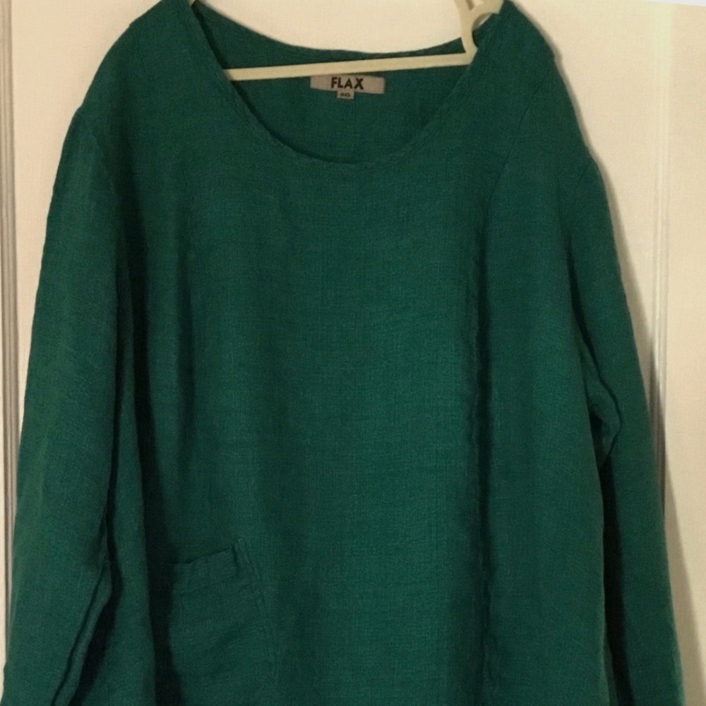 FLAX Size 2G Teal/Green Front Pocket 100% Linen Top